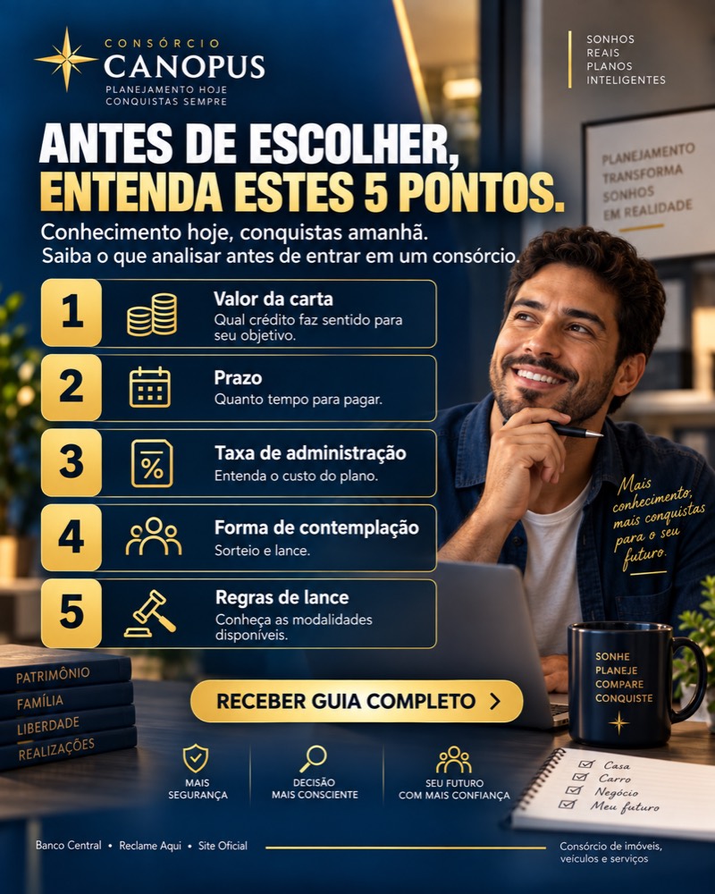 Antes de escolher, entenda estes 5 pontos: valor da carta, prazo, taxa de administração, forma de contemplação e regras de lance